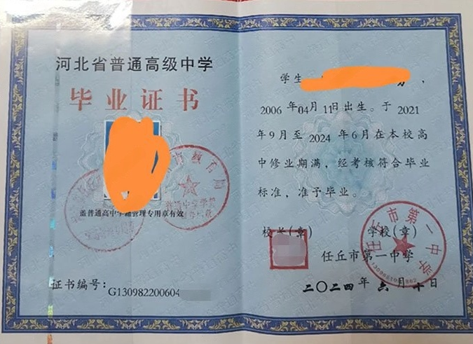 滁州任丘市第一中学高中毕业证样本图片